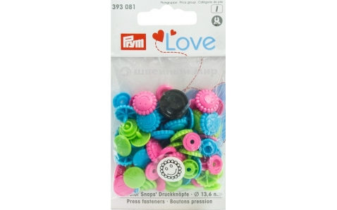 393081 Prym Love Кнопки "Color Snaps"цветок зеленый,розовый,бирюзовый 13,6 мм 21 шт.